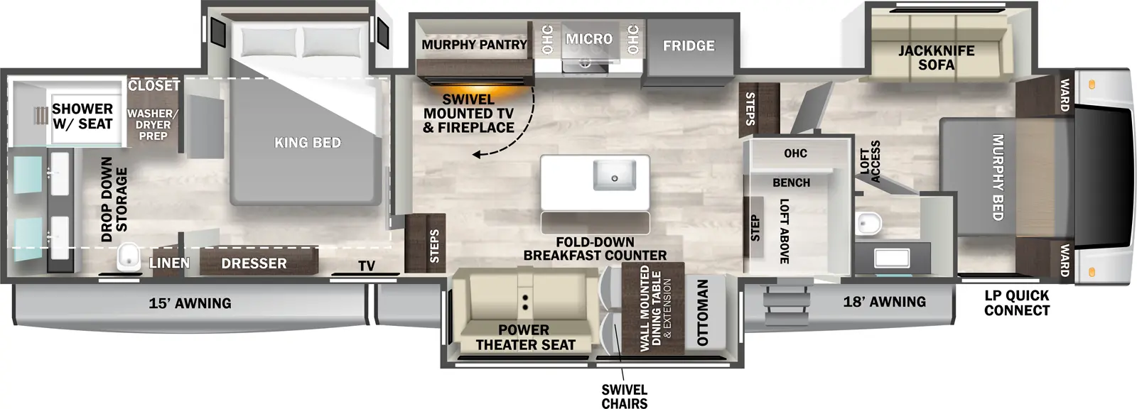 The Cedar Creek 381MUD has one entry and four slide outs. Exterior features include: fiberglass exterior and 15' & 18' awning. Interiors features include: loft, kitchen island, murphy bed and rear bathroom.